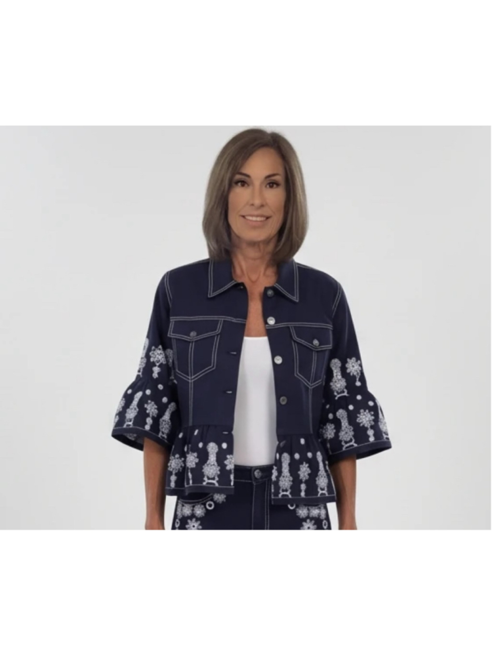 Cinq Ć Sept Mazie Eyelet Mandie Denim Jacket Navy White Embroidery XS NWT